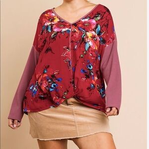 LONG Sleeve Waffle Knit Front Floral Print V-Neck Top with Gathered Knot Detail